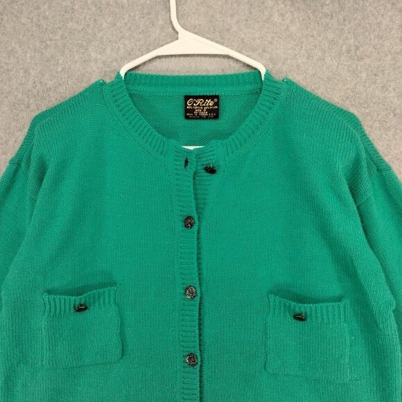 O'Rite Cardigan Sweater Wmns Small Oversized Knit Shoulder Pads Green Vintage - Picture 2 of 11